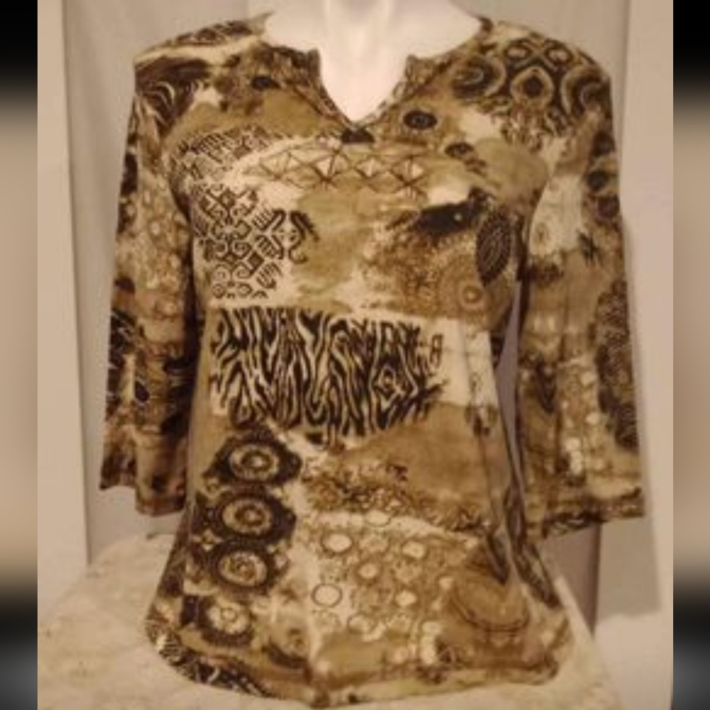 Knit De Knit -brown/ tan/ black multi designed 3/4 sleeve top, sz medium